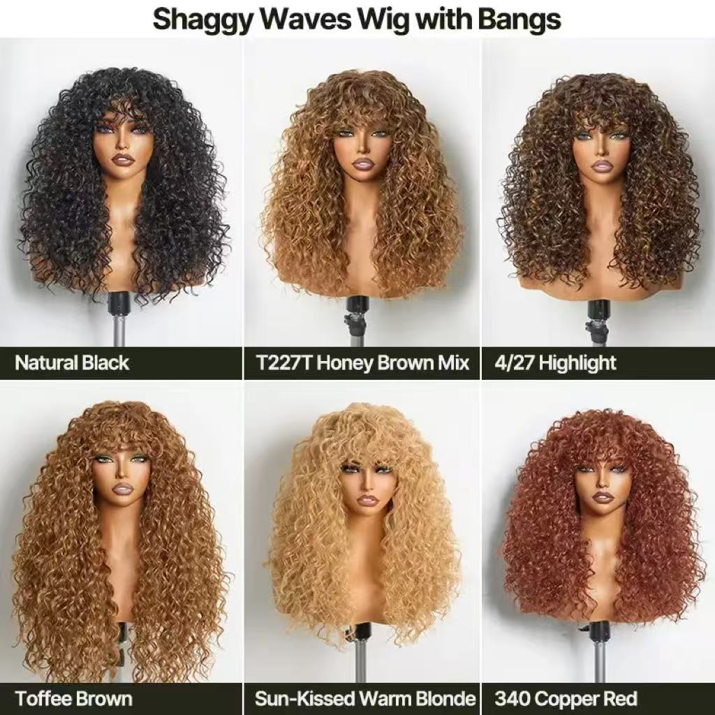 Human Hair Curly Wig with Bangs – Shaggy Waves