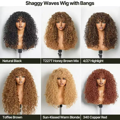 Human Hair Curly Wig with Bangs – Shaggy Waves