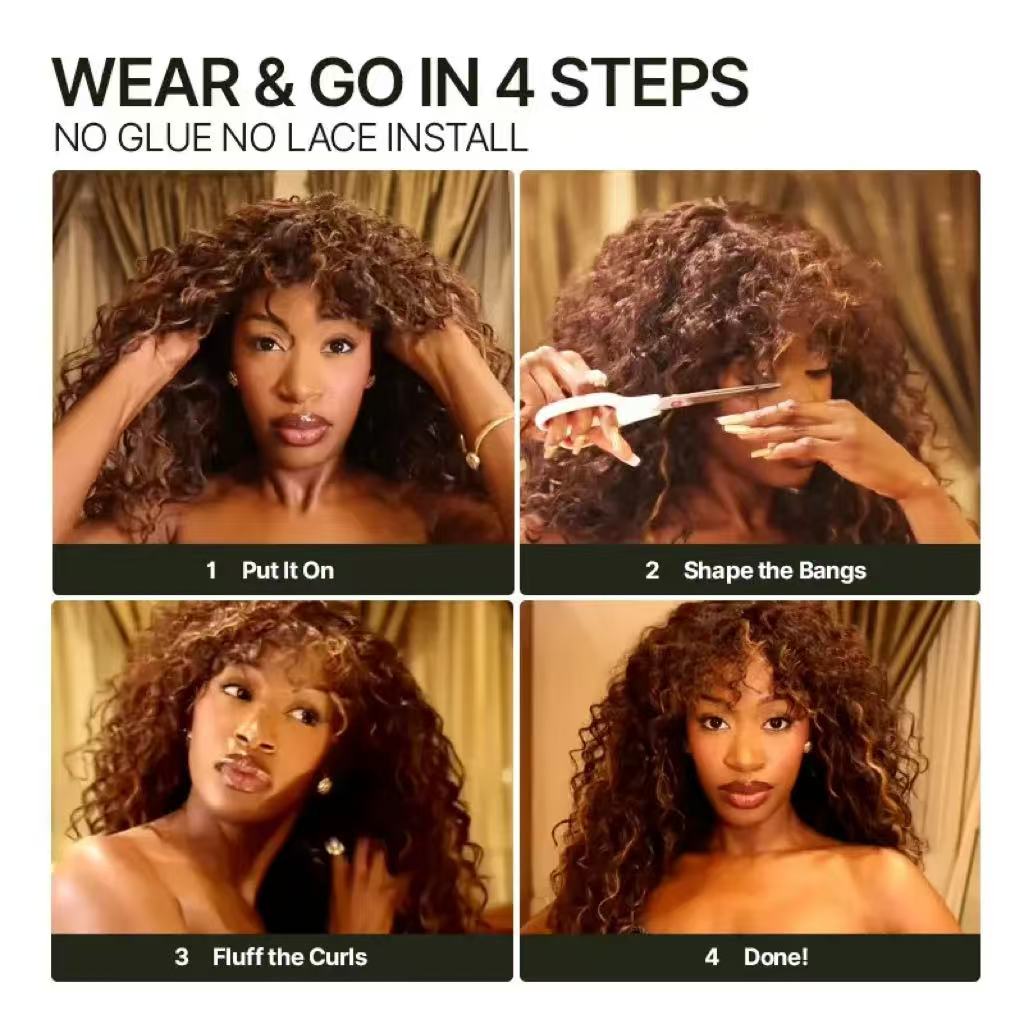 Human Hair Curly Wig with Bangs – Shaggy Waves