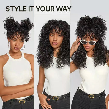 Human Hair Curly Wig with Bangs – Shaggy Waves